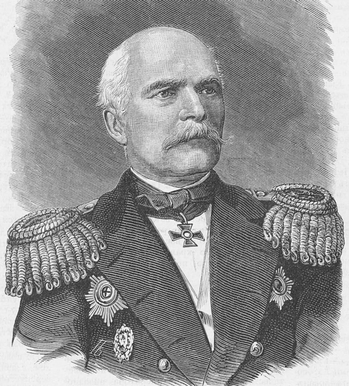 Адмирал Г. И. Невельской — доказал, что Сахалин остров, а Амур судоходен; вопреки запрету основал Николаевский пост (гравюра по рисунку П. Бореля)