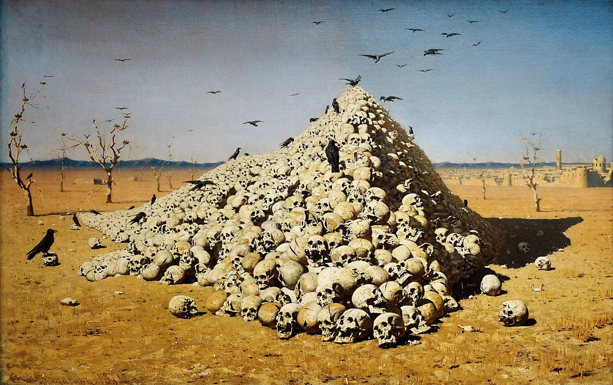 «Апофеоз войны» (В. Верещагин, 1871) из Туркестанской серии — художник посвятил её «всем великим завоевателям, прошедшим, настоящим и будущим»
