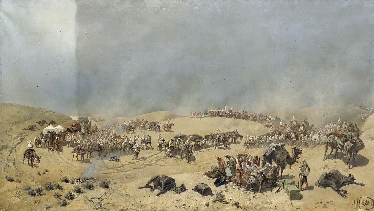 «Хивинский поход 1873 года» (Н. Каразин, 1888) — русские войска идут через пески к колодцам Адам-Крылган; окончательно Средняя Азия вошла в состав России в 1885 году