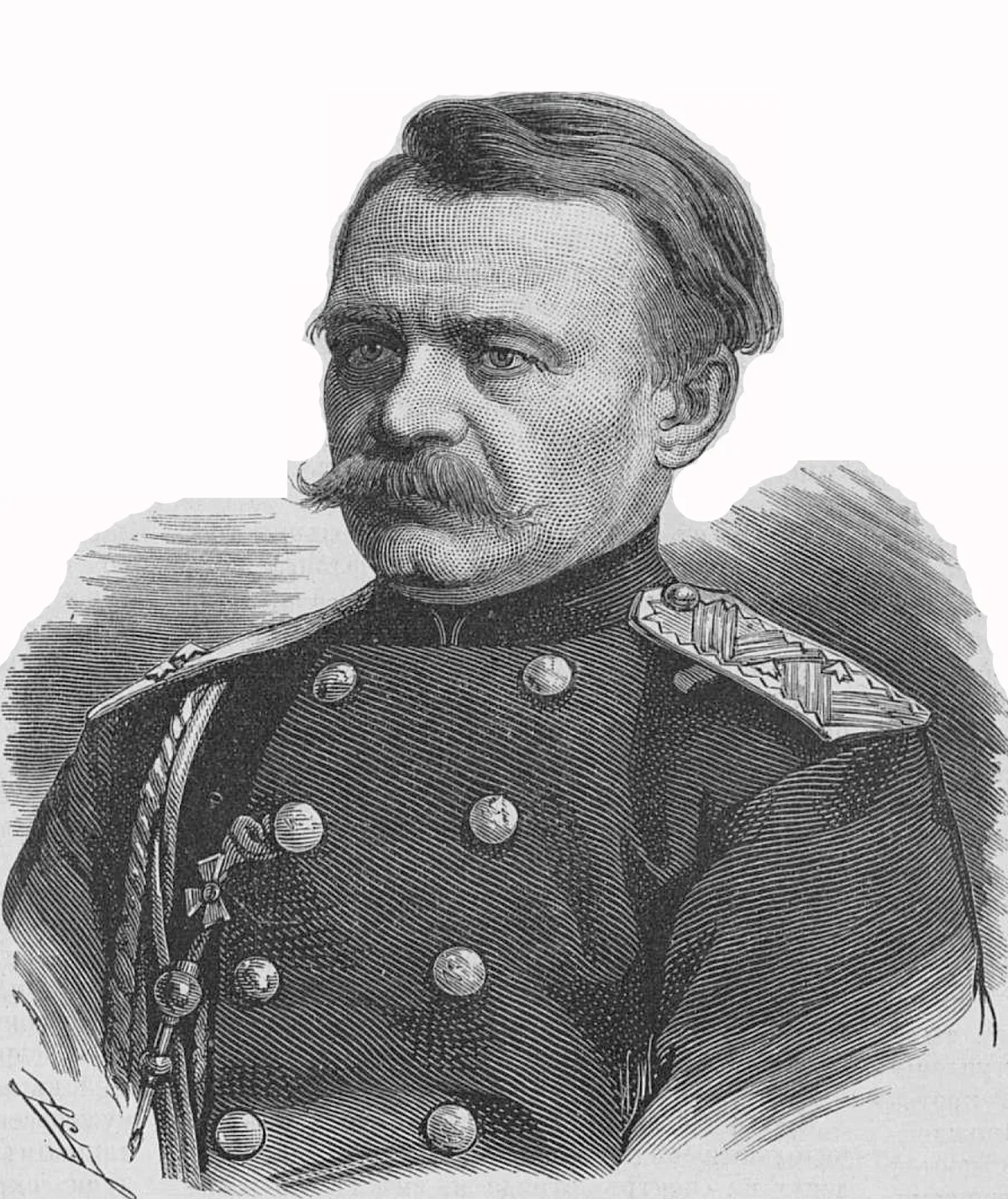 Генерал Н. Г. Столетов — в 1869 году его отряд высадился на восточном берегу Каспия и основал Красноводск, откуда началось продвижение к Геок-Тепе (гравюра по рисунку П. Бореля, 1877)