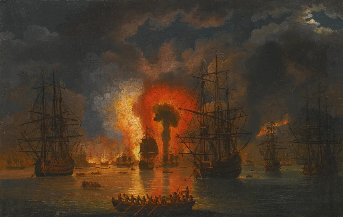«Гибель турецкого флота в Чесменском бою» (Я. Хаккерт, 1772) — 24–26 июня 1770 г., День воинской славы России