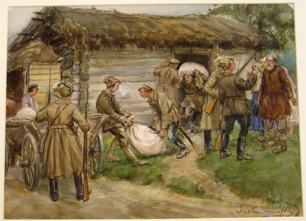 «Реквизиция» (И. Владимиров). Художник писал Гражданскую войну с натуры. Вооружённые продотряды изымали у крестьян «излишки» хлеба; при обнаружении спрятанного зерна оно забиралось бесплатно