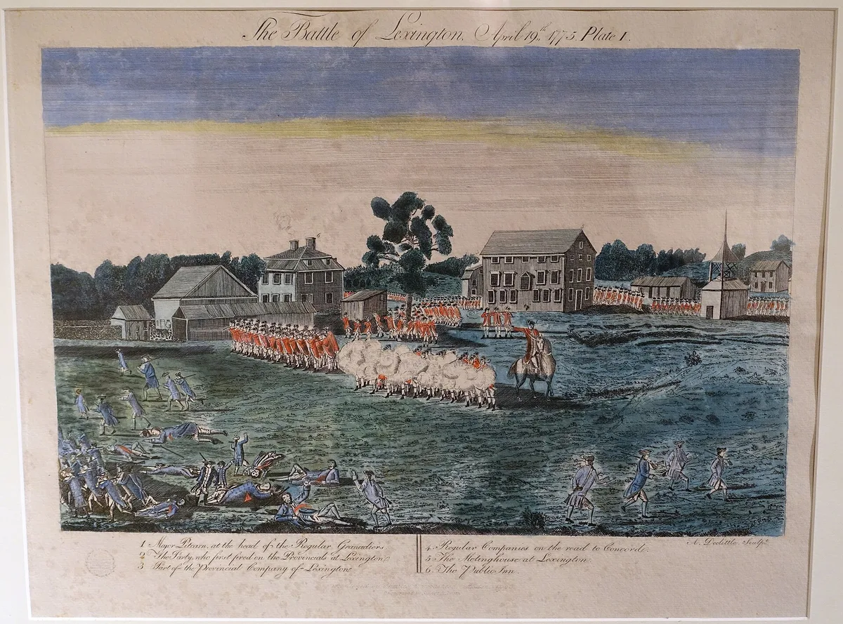 Бой у Лексингтона 19 апреля 1775 года — первое столкновение Войны за независимость (гравюра Амоса Дулиттла, 1775)
