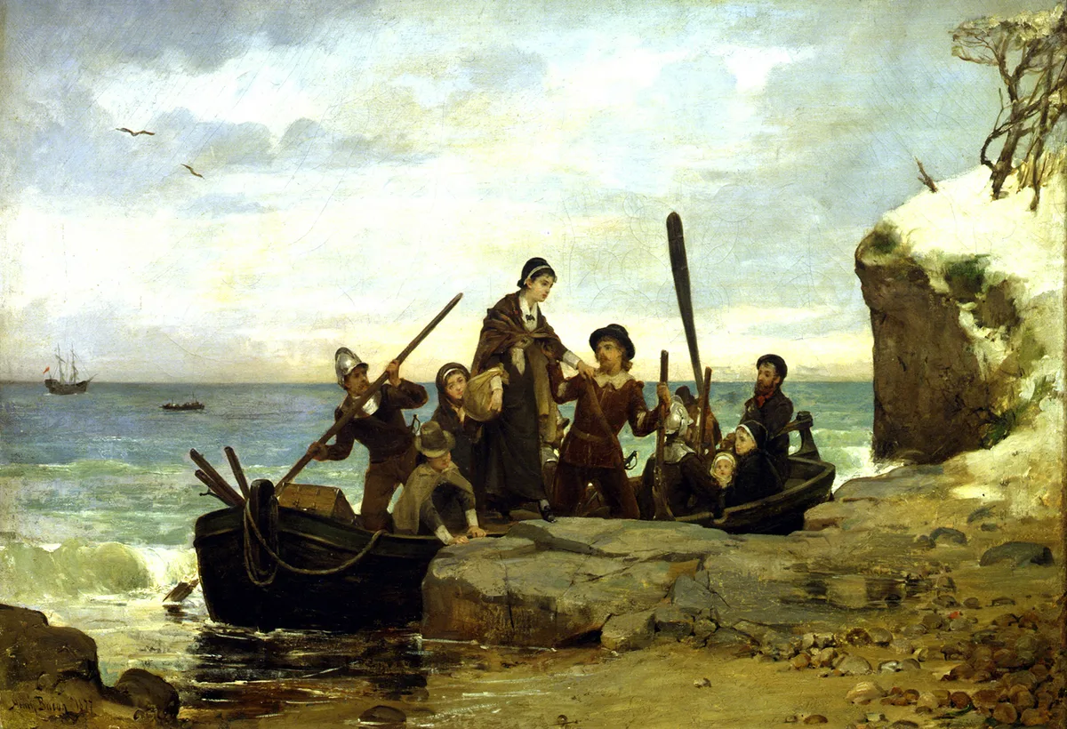 Высадка пилигримов с «Мэйфлауэра» в 1620 году — начало пуританской колонизации Новой Англии (картина Генри Бэкона, 1877)