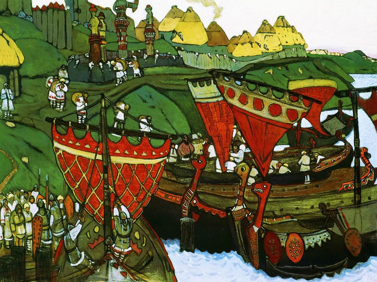 Н. К. Рерих. «Славяне на Днепре» (1905) — расселение и посёлок восточных славян у реки